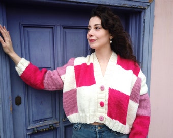 Pink-white standard size cardigan, women's knitwear, vintage colored cardigan, unique design