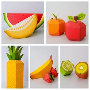 Może przedstawiać: Kolekcja papierowych pudełek w kształcie owoców, w tym plaster arbuza, pomarańcza, jabłko, ananas, banan, truskawka, limonka i kiwi. Każdy element wykonany jest ze składanego kartonu o żywych kolorach i nadrukowanych teksturach owoców.