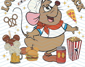 May include: A graphic illustration of a brown mouse wearing a white chef hat and red neckerchief, surrounded by food items including a pretzel, pizza slice, burger, popcorn, and drink, with the text LOOKIN LIKE A SNACK in brown arched lettering.