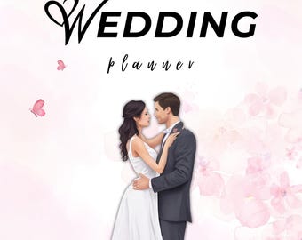 May include: A 2026 wedding planner book cover featuring a romantic illustration of a couple embracing. The design includes soft pink watercolour floral accents and small pink butterflies against a light background with the text 2026 WEDDING planner.