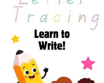 May include: A letter tracing activity book cover featuring a yellow cartoon pencil character, two children writing in a notebook, colourful dotted letters spelling ABC Letter Tracing, the text Learn to Write!, and the text Ages 3-5 with stars.