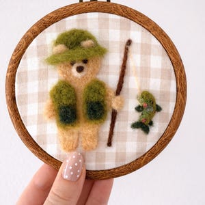Woodland Nursery Wall Decor – Fisherman Bear- Handmade Needle Felt Hoop Art image 1