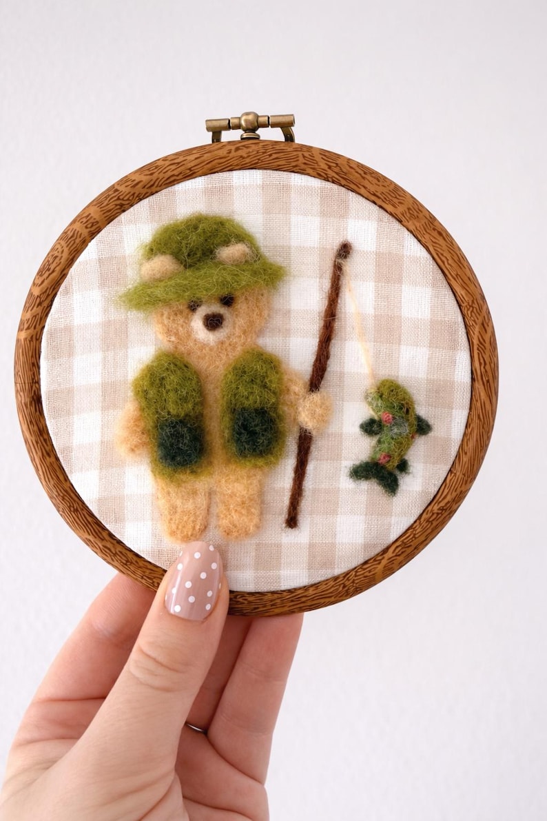 Woodland Nursery Wall Decor – Fisherman Bear- Handmade Needle Felt Hoop Art image 1