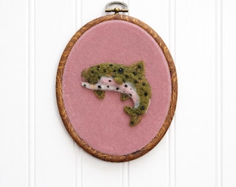 Needle Felted Rainbow Trout, Faux Wood Frame, Woodland Nursery Decor