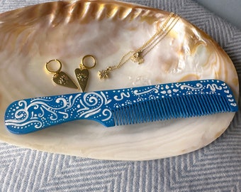 Hand-Painted Decorative Comb, Blue Patterned Comb, Painted Hair Comb, by Nettle and Sage Studio