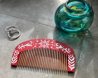 Painted Comb, Red Comb, Cottage Core Comb, Natural Wooden Hair Comb, Wide Tooth Comb, Decorative Comb, Hand-Painted Comb -Nettle and Sage