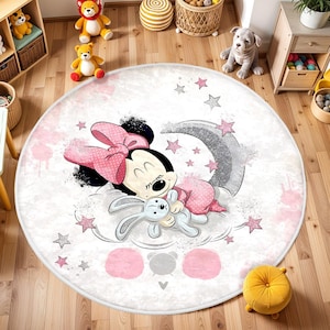 Minnie Maus Teppich, Schlafteppich, Baby Mädchen Spielzimmer Teppich, Waschbarer Runder Teppich für Kinderzimmer, rutschfest Kinderteppich, Micky Maus Teppich