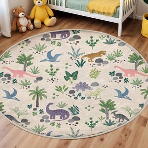 Dinosaurs Themed Washable Kid's Room Rug,  Land Of Dinosaur Carpet, Best Jurassic Kids Rugs, Trex Crawling Rug, Beige And Green Kids Carpets