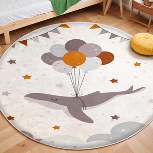 Round Ocean Animals Rug Under the Sea Theme, Playful Fish Nursery Rug,Anti Slip Mat for Kid&#39;s Room, Whale Adventure Newborn Rug, Toddler Rug