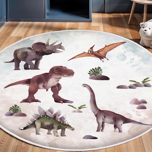 Dinosaurs Themed Washable Kid's Room Rug, Land Of Dinosaur Carpet, Jurassic Playmat, Trex Crawling Rug, Playroom Mat, Baby Rug, Nursery Rug