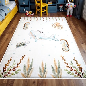 Sea World Nursery Rug,Whale Playmat for Kids Room, Anti Slip Mat for Kid&#39;s Room, Toddler Rug, Fish Nursery Rug, Ocean Animals Rug, Baby Gift