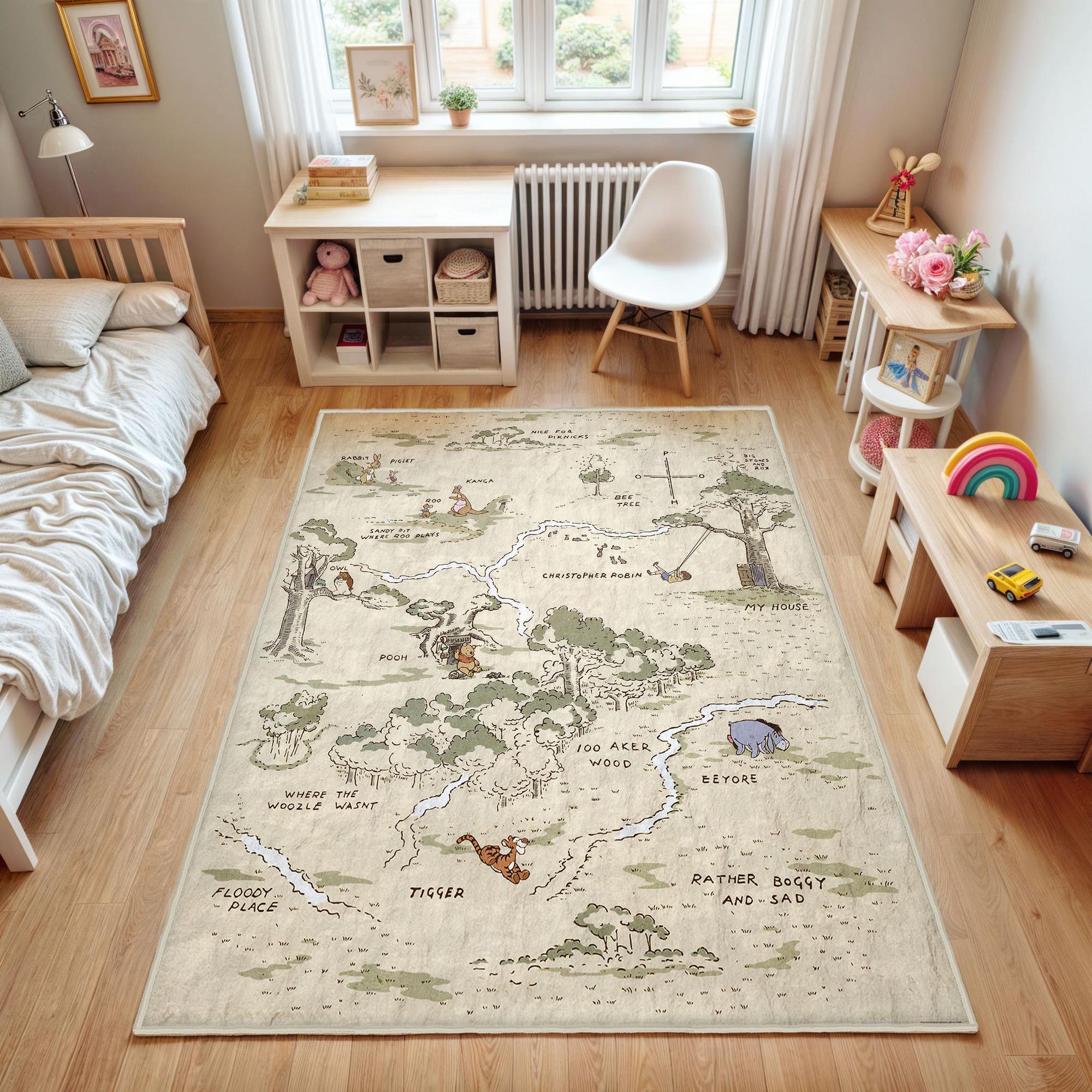 Woodland Round Rug, Pooh Floor Carpet, Forest Non Slip