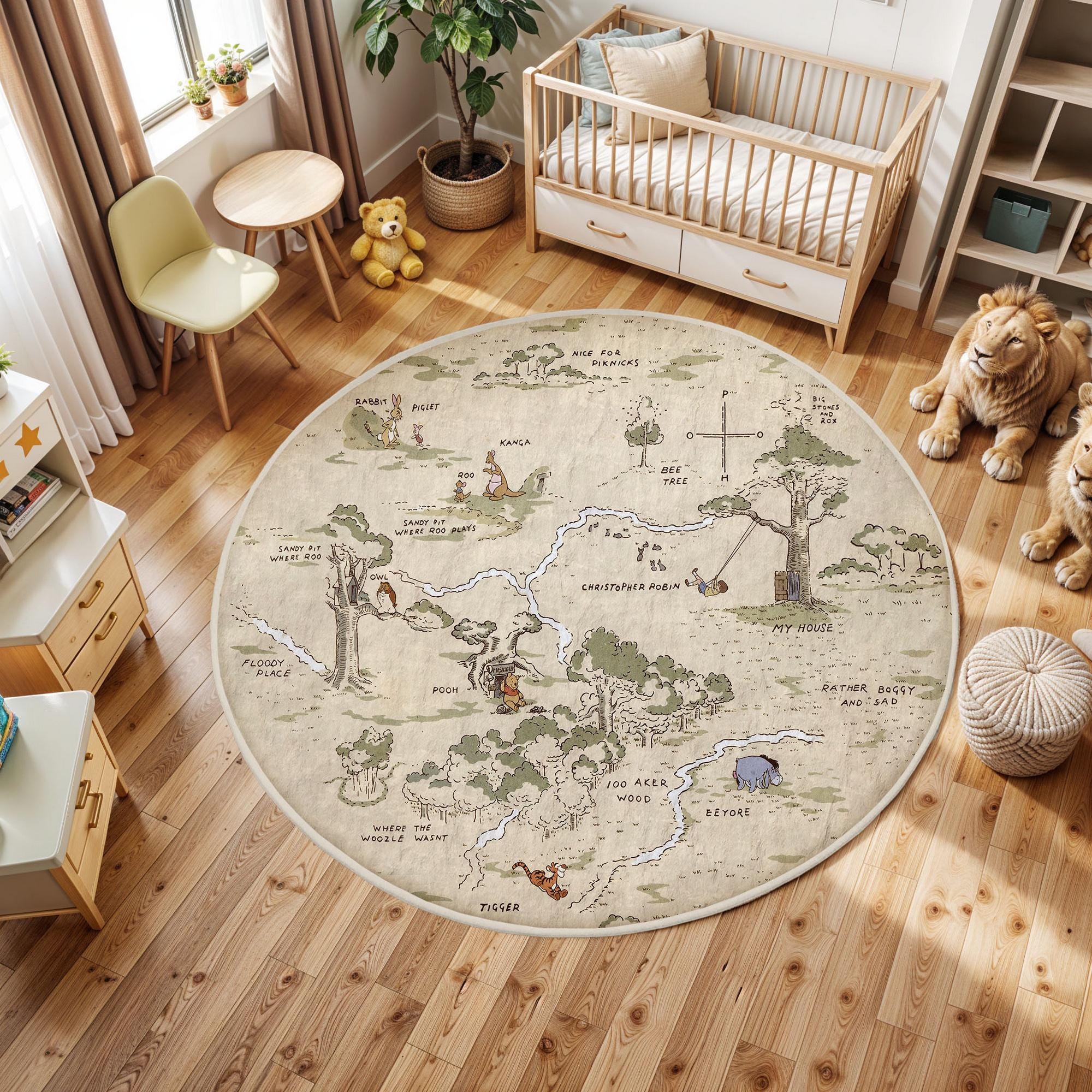 Woodland Round Rug, Pooh Floor Carpet, Forest Non Slip