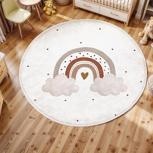 Boho Regenbogen Herz Kinderteppich, runder Kinderzimmerteppich, Babyspielmatte, bunter Babyzimmerteppich, rutschfeste waschbare Kindergartenmatte, Kleinkind-Vorlegerdecke
