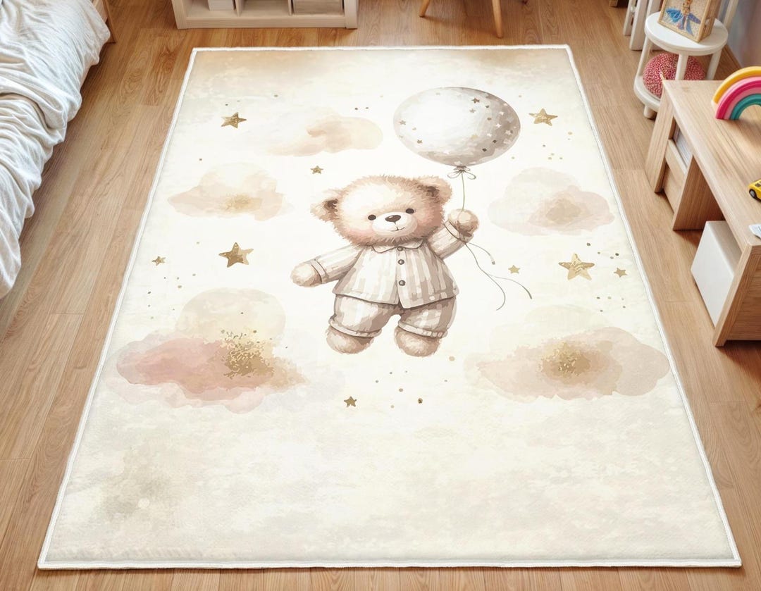 Teddy Bear Balloon Kids Rug: Soft Nursery Playroom Carpet - Etsy