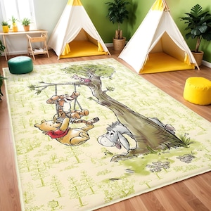 Winnies Runder Teppich, Pooh Bodenteppich, Wald rutschfeste Kreisteppiche, Cartoon-Gummi-Unterlage, Kinderteppich, waschbarer Kinderteppich