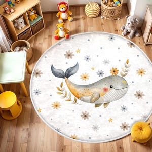 Whale Nursery Rug: Round Ocean Animals Anti-Slip Carpet
