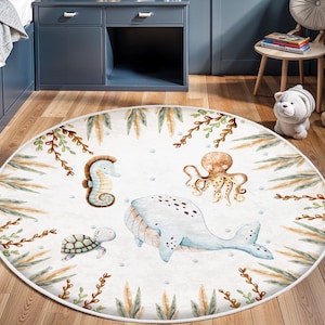 Sea World Nursery Rug,Whale Playmat for Kids Room, Anti Slip Mat for Kid&#39;s Room, Toddler Rug, Fish Nursery Rug, Ocean Animals Rug, Baby Gift