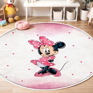 Rosa Minnie Maus Teppich, Teppich für Mädchen, Minnie Maus, Mädchenzimmer, Waschbar Runder Babyteppich, rutschfeste Kinderteppich, Micky Maus Teppich, Spielzimmer Matte