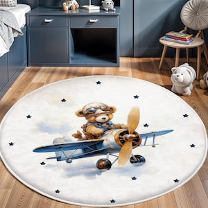 Teppich mit Flugzeug-Bär-Muster, Kinderteppich, Baby-Geschenk, rutschfester Aktivitätsteppich, waschbarer Kinderteppich, Babyzimmerteppich
