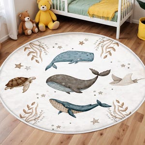 Verspielter Fischteppich, runder Ozeantierteppich unter dem Meeresthema, rutschfeste Matte für Kinderzimmer, Wal-Abenteuerteppich, Kleinkindteppich