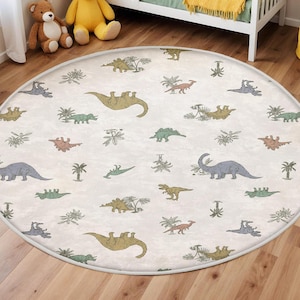 Dinosaurs Themed Washable Kid's Room Rug, Land Of Dinosaur Carpet, Best Jurassic Kids Rugs, Beige And Green Kids Carpets, Handmade Kids Rug