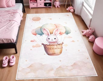Bunny Kids Rug, Girls Room Rug, Baby Playroom Mat, Washable Nursery Rug, Rabbit Baby Carpet, Bestselling Kids Room Rug, Rabbit Kids Rug