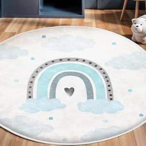 Heart Rainbow Kids Rug, Round Kid&#39;s Room Rug, Playmat For Kids, Colorful Baby Room Carpet, Anti-Slip Washable Nursery Mat, Baby Gift