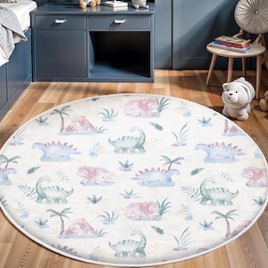 Dinosaurs Themed Washable Kid's Room Rug, Land Of Dinosaur Carpet, Best Jurassic Kids Rugs, Handmade Kids Rug, Forest Road Nursery Play Mat