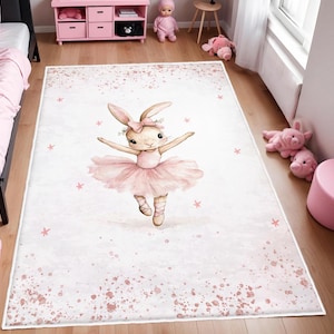 Ballerina Hase Kinderteppich, Mädchenteppich, Babyspielzimmer, Waschbarer Teppich, Kinderzimmerteppich