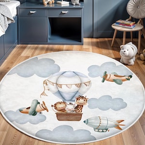 Heißluftballon Kinderteppich, niedlicher Safari-Thementeppich, Babygeschenk, Spielzimmerteppich, Kleinkindteppich, waschbarer Kinderteppich, Babyteppich