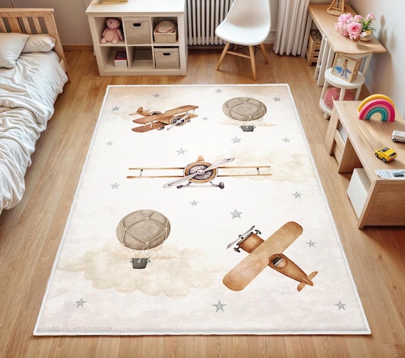 Airplane Patterned Children's Carpet,Hot Air Balloon Kids Rug, Baby Boy Gift, Non Slip Activity Rug,Washable Kids Rug, Brown Baby Room Rug