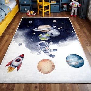 Astronauts Kids Room Rug, Baby Rug, Rocket Anti Slip Mat, Math Area Rugs, Space Round Rug, Planet Floor Carpet, Rug For Kid&#39;s Room