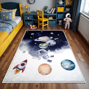 Astronauts Kids Room Rug, Baby Rug, Rocket Anti Slip Mat, Math Area Rugs, Space Round Rug, Planet Floor Carpet, Rug For Kid&#39;s Room