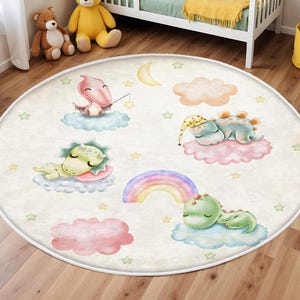 Little Dinosaurs Themed Washable Kid's Room Rug, Land Of Dinosaur Carpet, Best Jurassic Kids Rugs, Rainbow Kids Rug, Bestselling Rugs