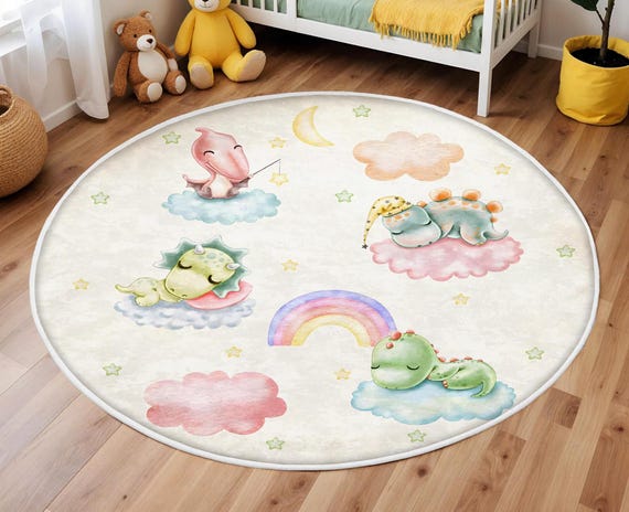 Dinosaur Kids Rug: Washable Rainbow Nursery Carpet