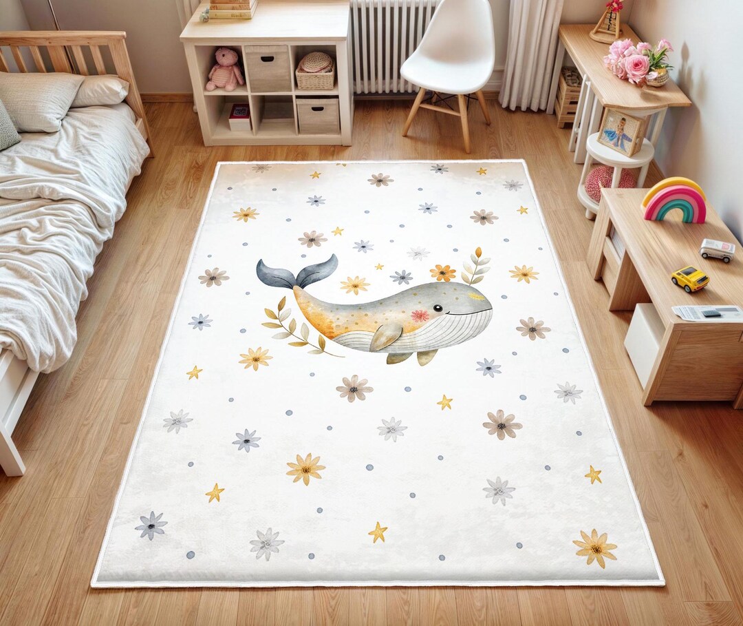 Whale Nursery Rug: Round Ocean Animals, Anti-slip Kids Carpet - Etsy