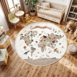Tierweltkarte, rutschfeste Kindermatte, Kinderzimmerteppich, niedlicher Tierlernteppich, Kindergeburtstagsgeschenk, Babyzimmerdekor, waschbarer Kinderteppich