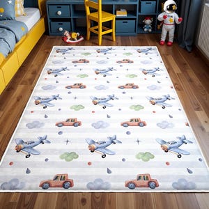 Planes and Car Kids Rug, Model Car City Rug, Anti Slip Mat for Kid&#39;s Room, Boy&#39;s Room Rug, Toddler Area Rug, For Boys Room Rug, Playroom Rug