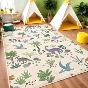 Dinosaurier Themed Waschbarer Kinderzimmerteppich, Land des Dinosaurierteppichs, Beste Jurassic-Kinderteppiche, Trex-Krabbelteppich, Beige und grüne Kinderteppiche