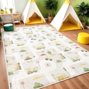 Baustellen-Teppich, Kranich, rechteckiges Kleinkind-Teppich, Bulldozer-Kindergarten-Teppich, Anti-Rutsch-Matte für Kinderzimmer