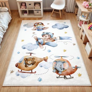 Pilot Safari Gemusterter Teppich, Bären Kinderteppich, Baby Jungen Geschenk, rutschfester Aktivitätsteppich, waschbarer Kinderteppich, Babyzimmer Teppich, Flugzeug Kinderteppich