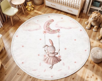 Bunny Baby Room Rug, Girls Room Rug, Baby Playroom Mat, Washable Nursery Rug, Rabbit Baby Carpet, Bestselling Kids Room Rug, Rabbit Kids Rug