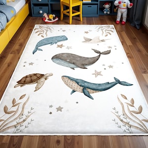 Verspielter Fischteppich, runder Ozeantierteppich unter dem Meeresthema, rutschfeste Matte für Kinderzimmer, Wal-Abenteuerteppich, Kleinkindteppich