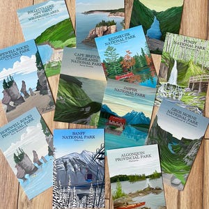 Lot de cartes postales nationales et provinciales du Canada | 4 x 6 po | Dessin de parc vintage rétro | Oeuvres d'art originales