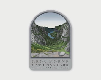May include: A rectangular sticker with rounded top corners featuring an illustration of a deep green valley between rocky cliffs and a blue body of water. The text reads GROS MORNE NATIONAL PARK Newfoundland & Labrador, Canada in dark grey.