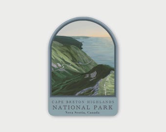 May include: An arched sticker featuring a landscape illustration of the Cape Breton Highlands National Park in Nova Scotia, Canada. The design shows green coastal cliffs, a winding road, and the ocean under a soft sunset sky.