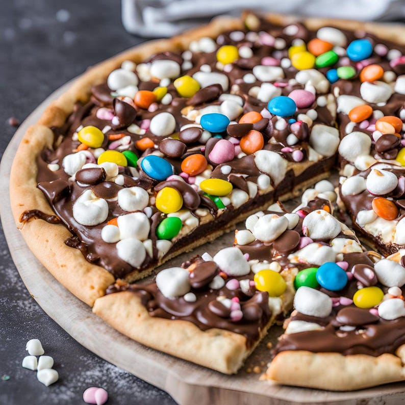 Puede incluir: Una pizza de chocolate cubierta con malvaviscos, caramelos de colores y un chorrito de chocolate.