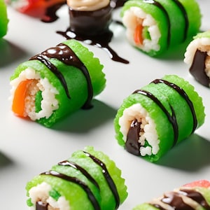 Puede incluir: Rollos de sushi verdes y blancos con un chorrito de chocolate. Los rollos están hechos de una sustancia gelatinosa verde y rellenos de arroz blanco y un centro de chocolate.