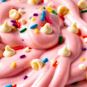 Puede incluir: Frosting rosa con chispas de chocolate blanco y chispas de colores.